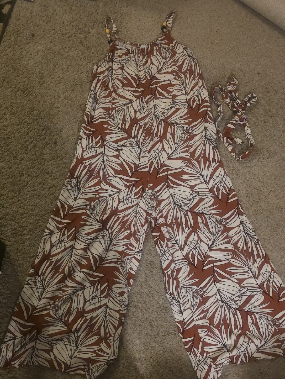 Brown Leaf-Print Wide-Leg Jumpsuit